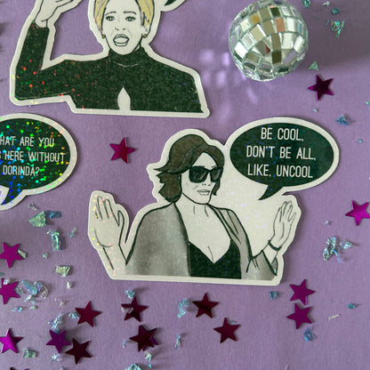 Sticker of a woman with sunglasses and a speech bubble on a purple background with stars and a disco ball.