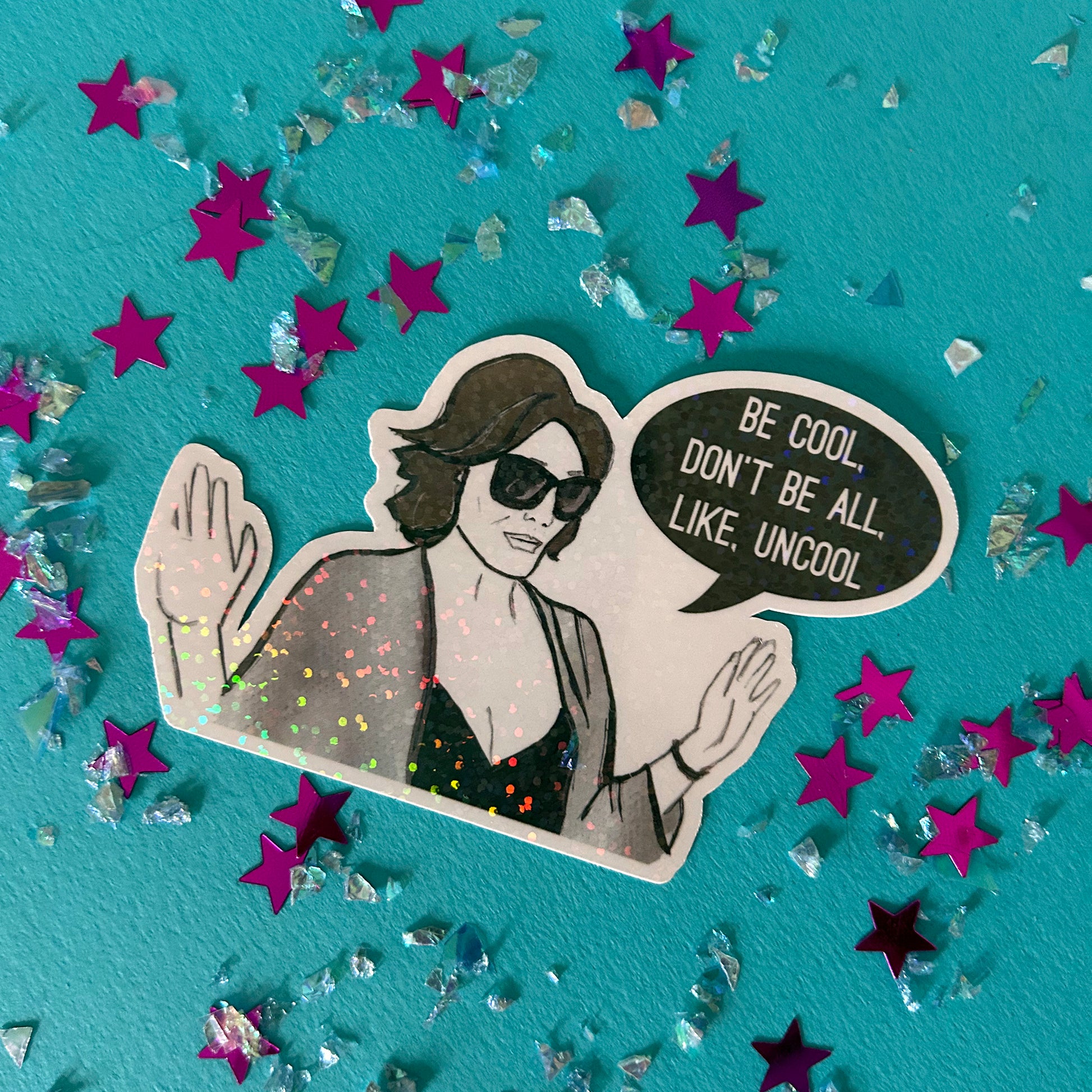 Sticker with a person and speech bubble on a blue background with stars