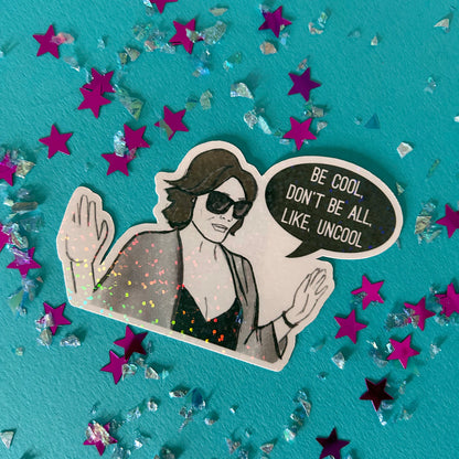 Sticker with a person and speech bubble on a blue background with stars