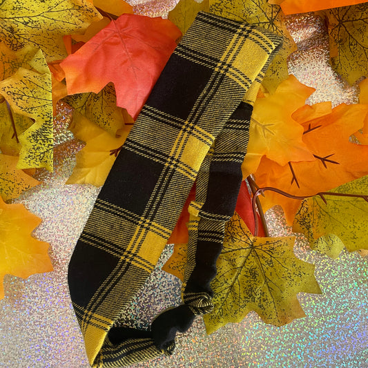 Image shows a super soft mustard plaid hair band.