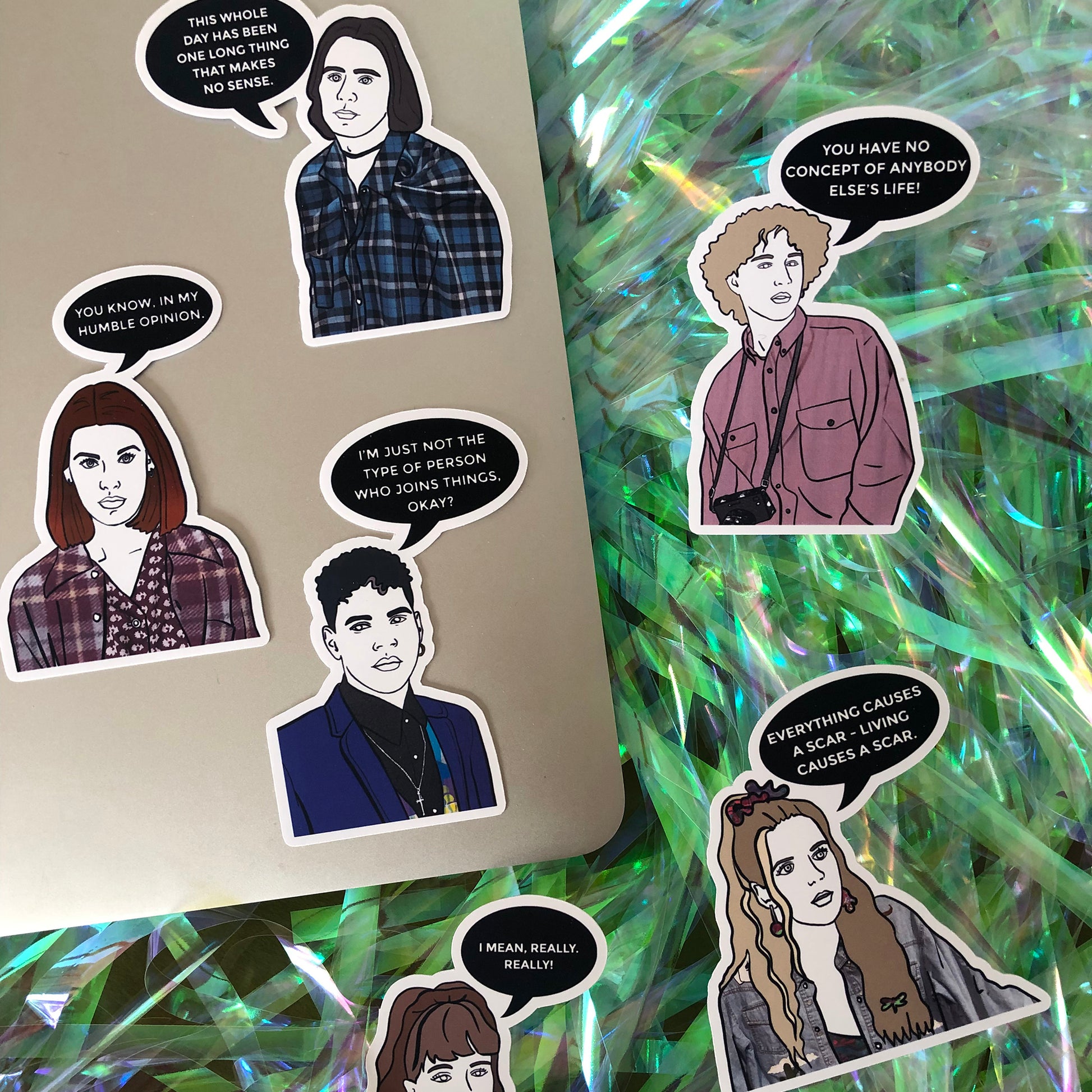 Image shows a fun set of stickers inspired by 90s tv series My So Called Life