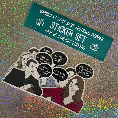 Image of a sticker packet featuring illustrated stickers of the experts plus a bride, groom and server from Married at First Sight Australia