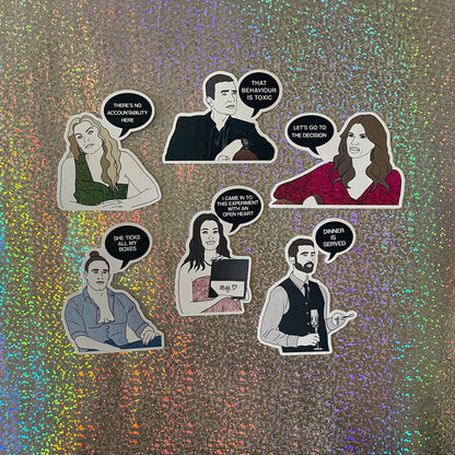 Image of 6 illustrated stickers of the experts plus a bride, groom and server from Married at First Sight Australia