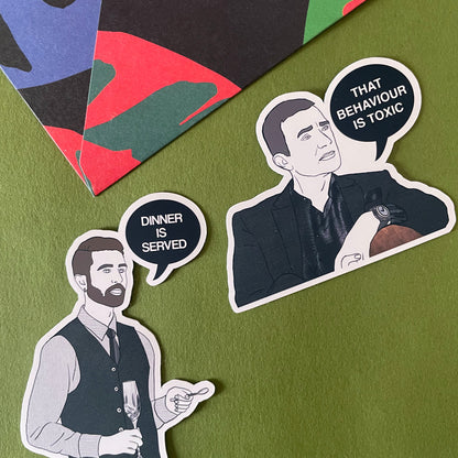 Image of 2 illustrated stickers featuring expert John and a server from Married at First Sight Australia
