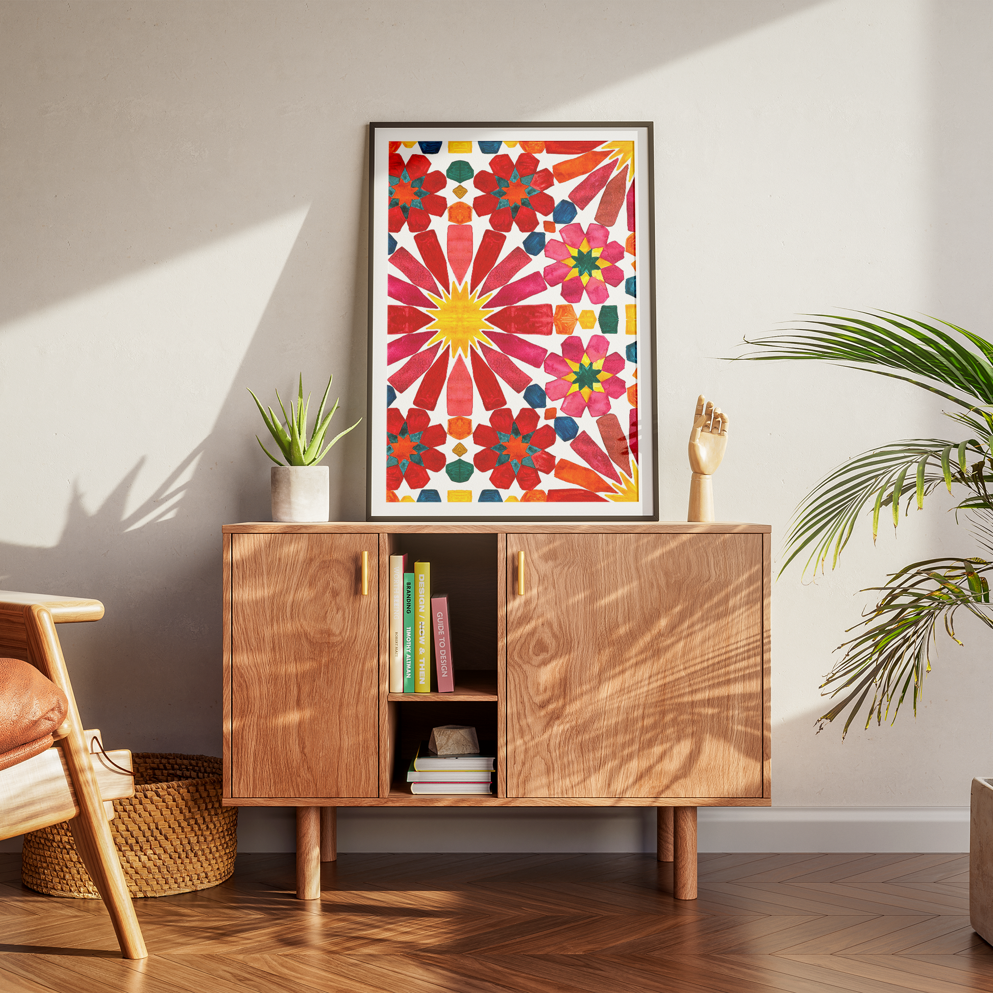 Wooden cabinet with a colourful abstract floral painting in a modern living room.