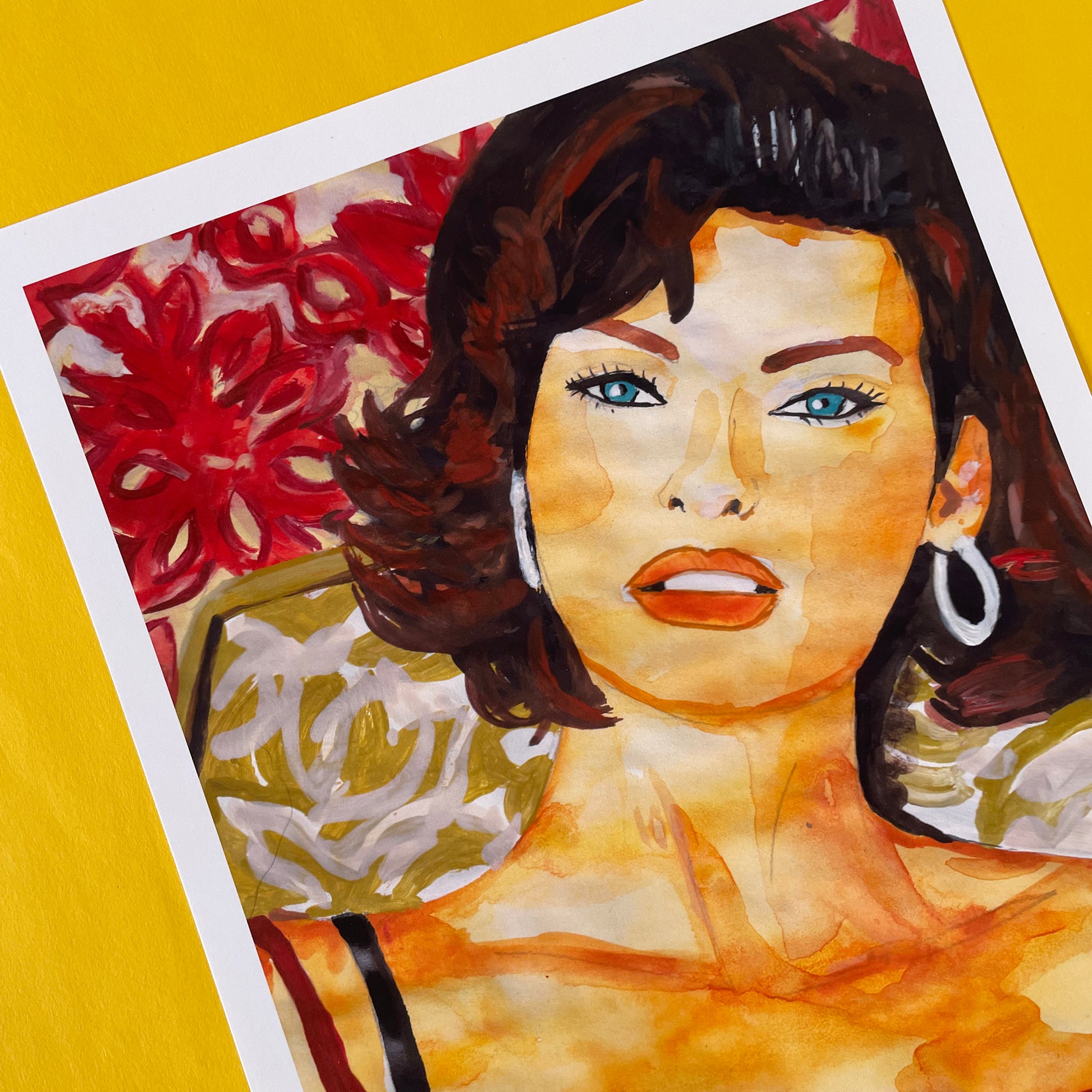 Image shows a print of a gouache painting in golds, reds and purple of supermodel Linda Evangalista