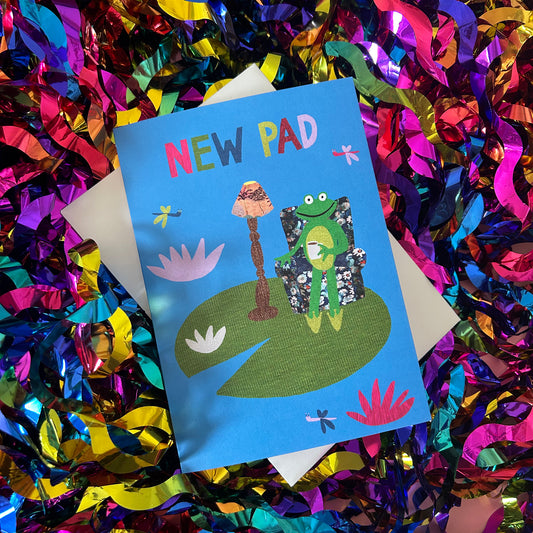 Greeting card with a frog design on a colorful confetti background