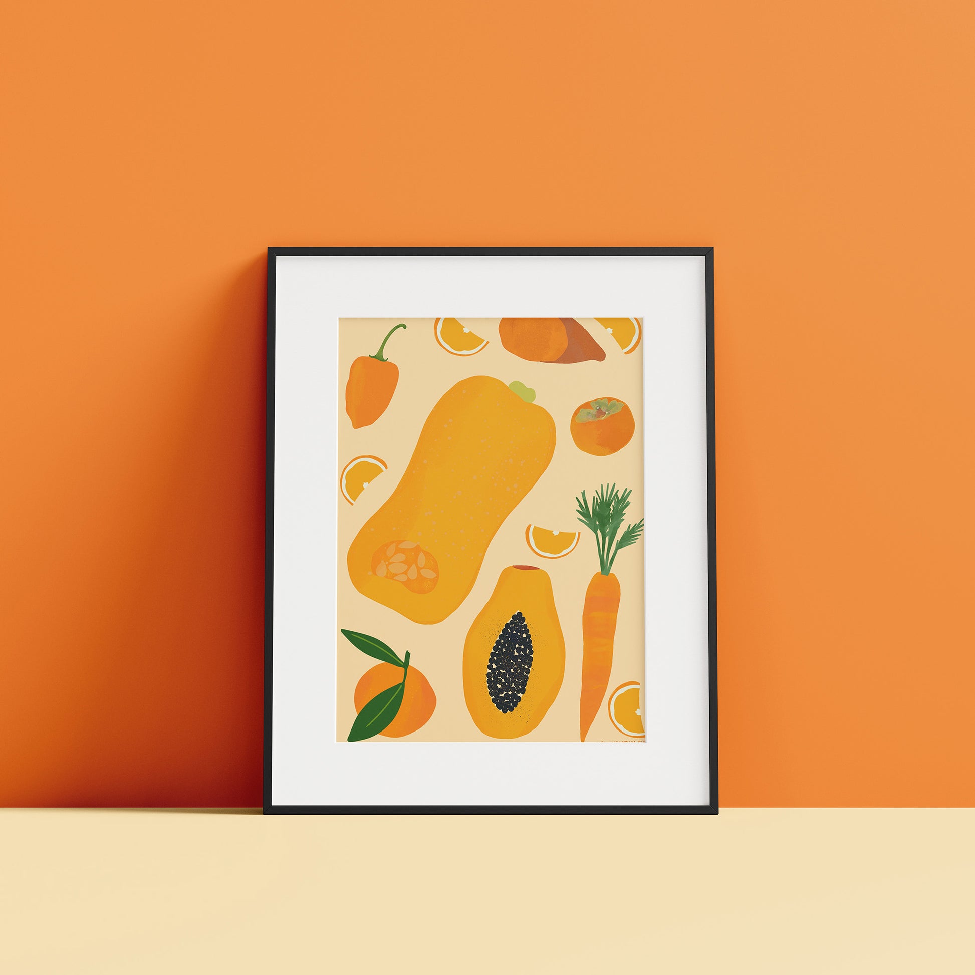 Image of a framed illustration of a selection of orange fruits and vegetables on a pale orange background.