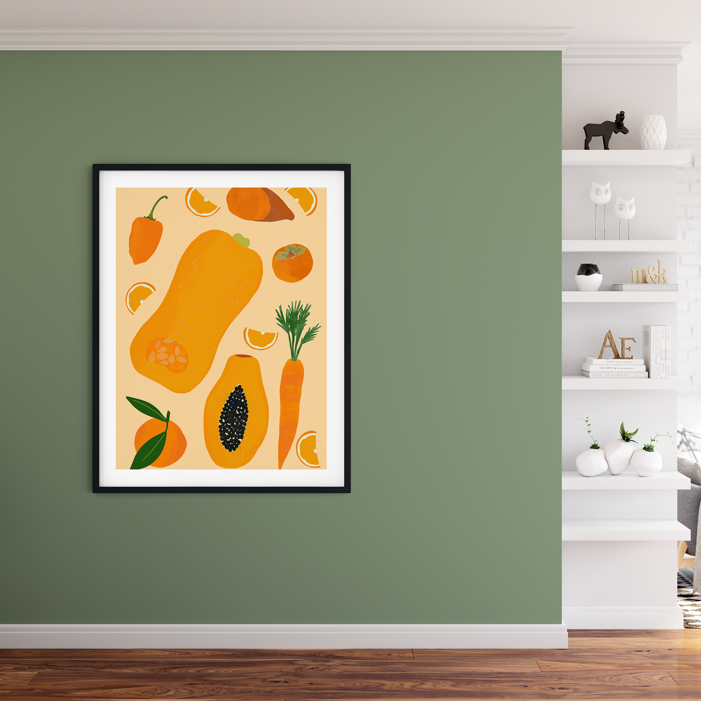 Image of a framed illustration of a selection of orange fruits and vegetables on a pale orange background.