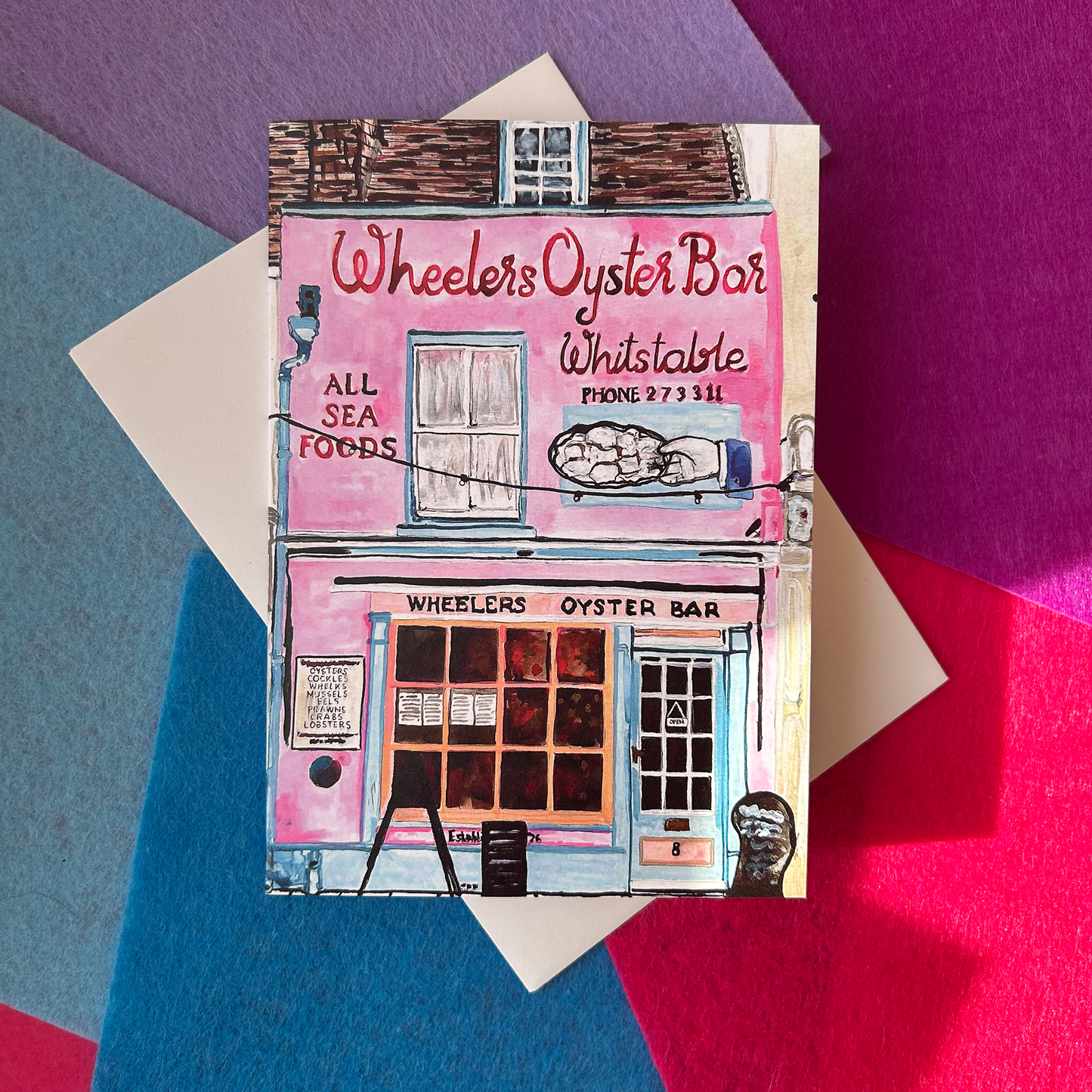 Illustration of Wheeler's Oyster Bar on a colourful geometric background