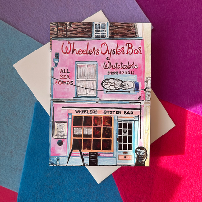Illustration of Wheeler's Oyster Bar on a colourful geometric background