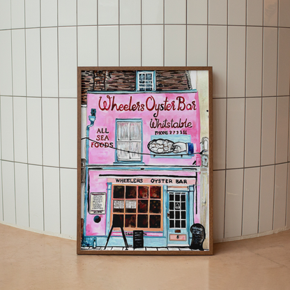 Framed artwork of Wheeler's Oyster Bar on a tiled wall.