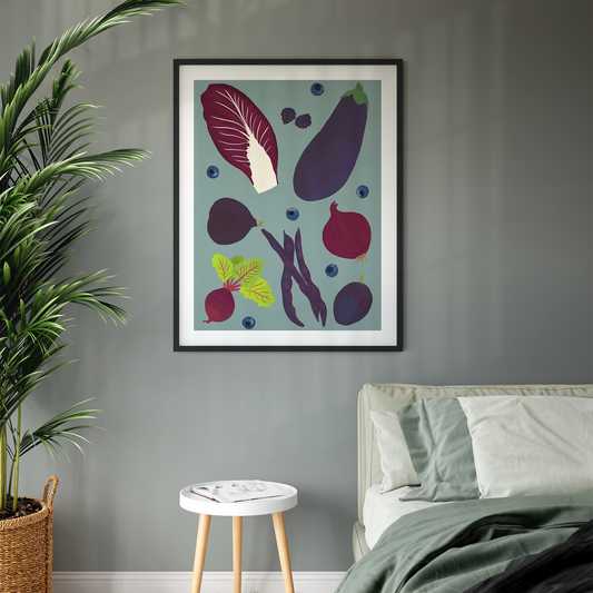 Image of a framed art print of purple fruit and vegetables on a pale indigo background.