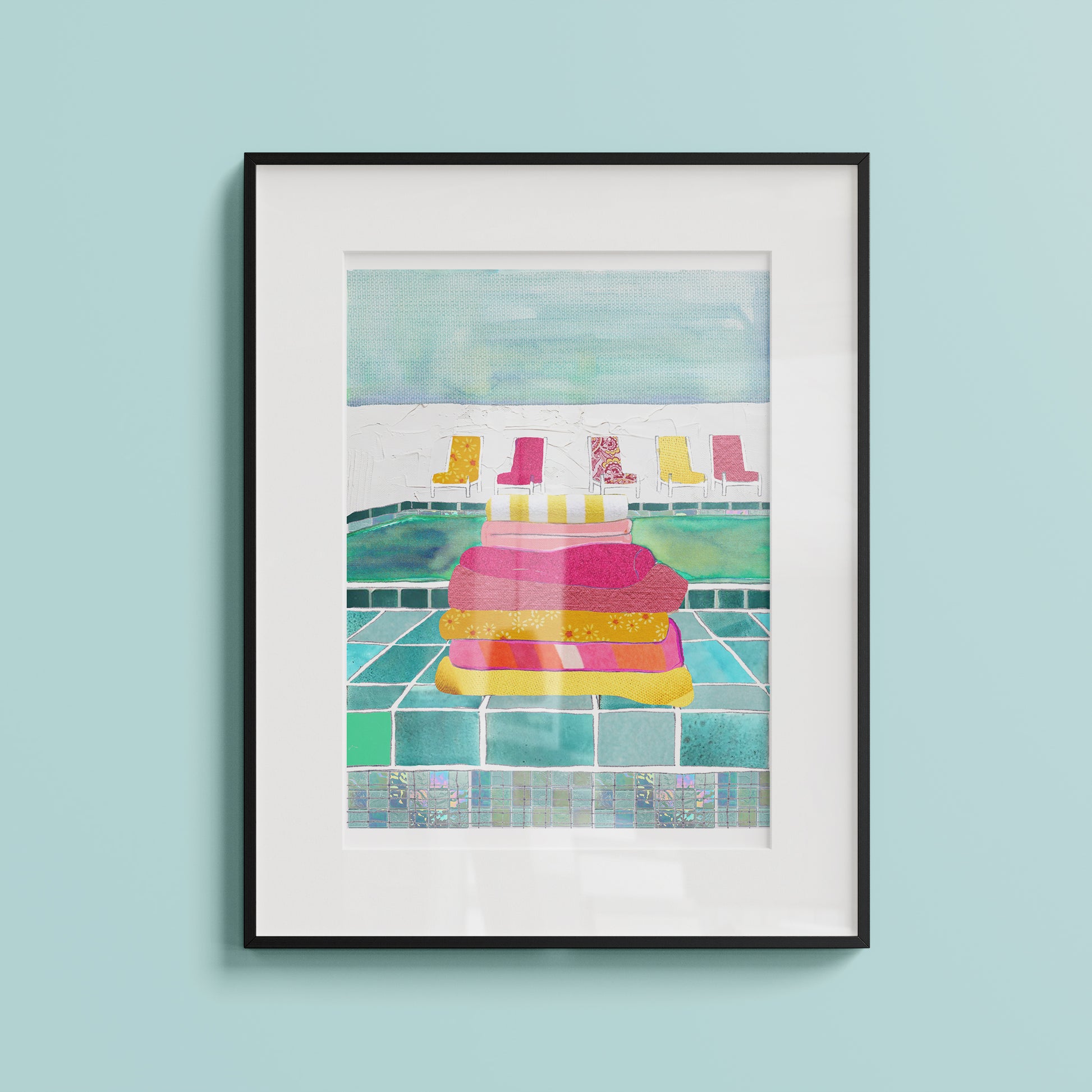Framed illustration of a poolside featuring a stack of colourful towels and some chairs on a blue background.