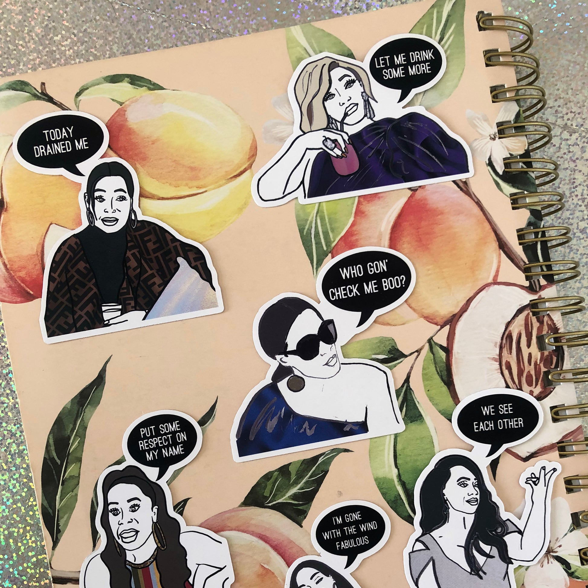 Image shows a fun set of stickers inspired by the real housewives of Atlanta and their most dramatic quotes