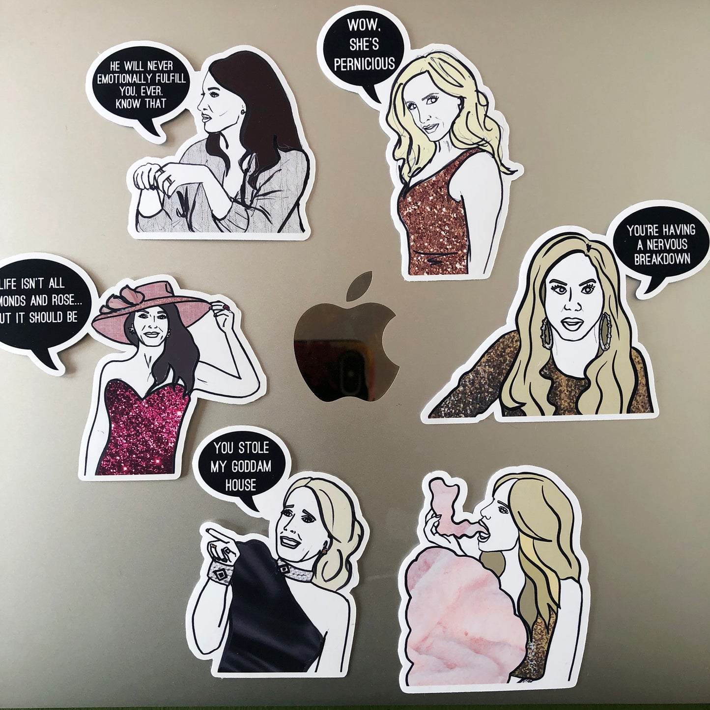 Image shows a fun set of stickers inspired by the OG real housewives of Beverly Hills and their most dramatic quotes