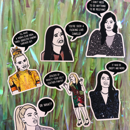 Image shows a fun set of stickers inspired by  the real housewives of Beverly Hills and their most dramatic quotes