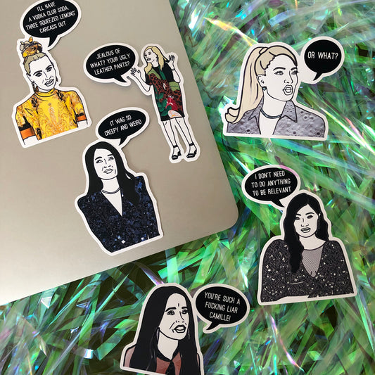 Image shows a fun set of stickers inspired by the real housewives of Beverly Hills and their most dramatic quotes