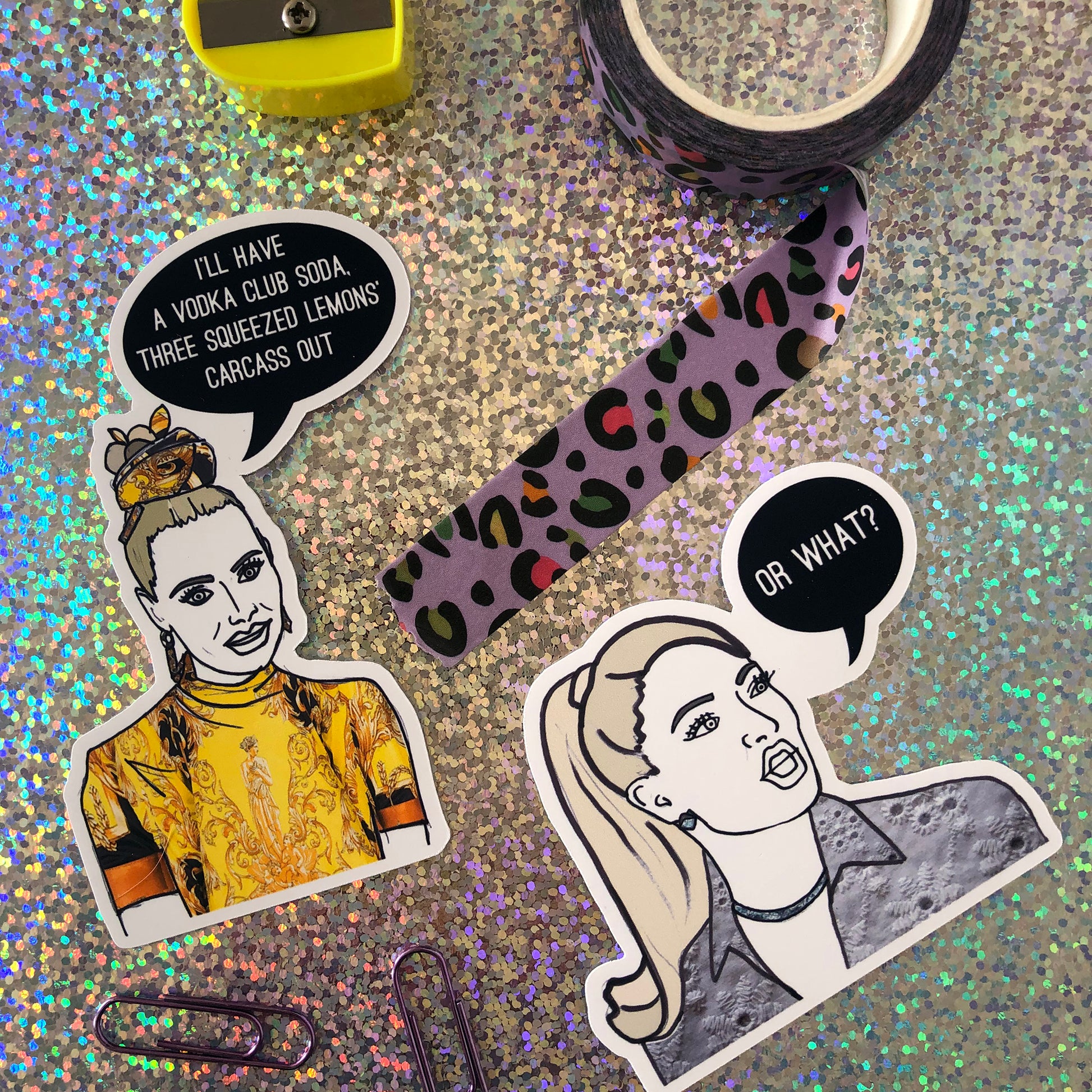 Image shows a fun set of stickers inspired by  the real housewives of Beverly Hills and their most dramatic quotes