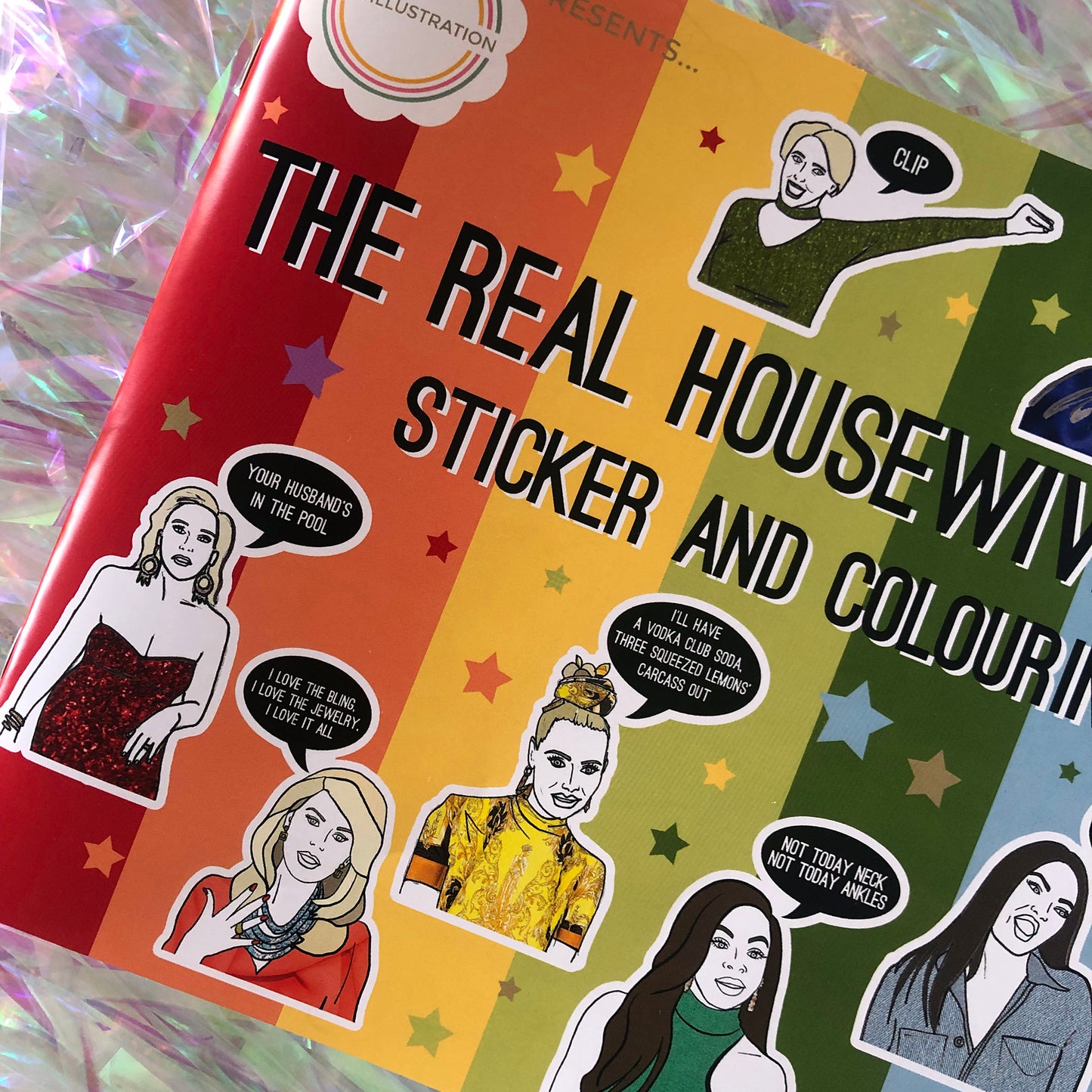 Image shows a sticker and colouring book inspired by The Real Housewives