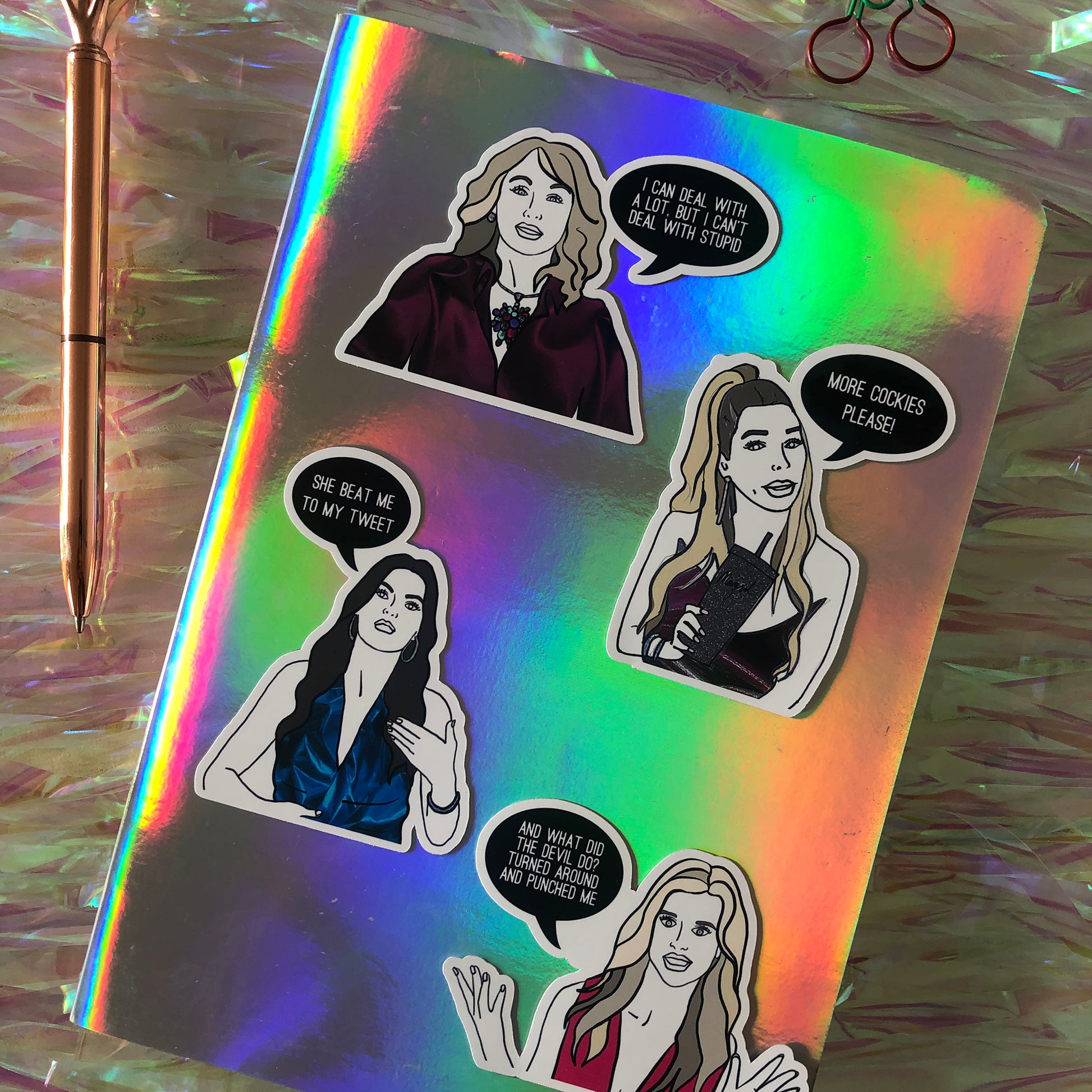 Image shows a fun set of stickers inspired by some of the former real housewives of Miami and their most dramatic quotes