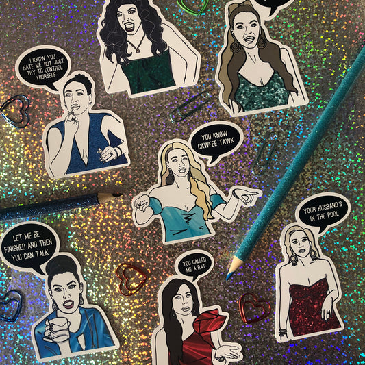 Image shows a fun set of stickers inspired by the real housewives of New Jersey and their most dramatic quotes
