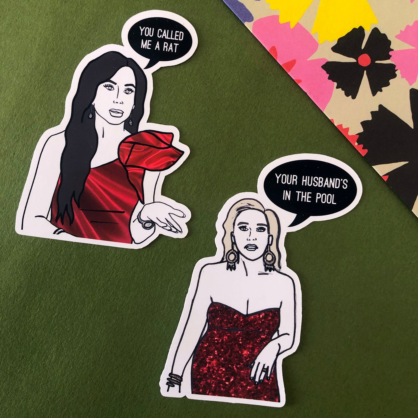 Image shows a fun set of stickers inspired by the real housewives of New Jersey and their most dramatic quotes