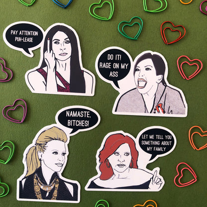 Image shows a collection of stickers inspired by OG housewives from reality tv series the Real Housewives of New Jersey