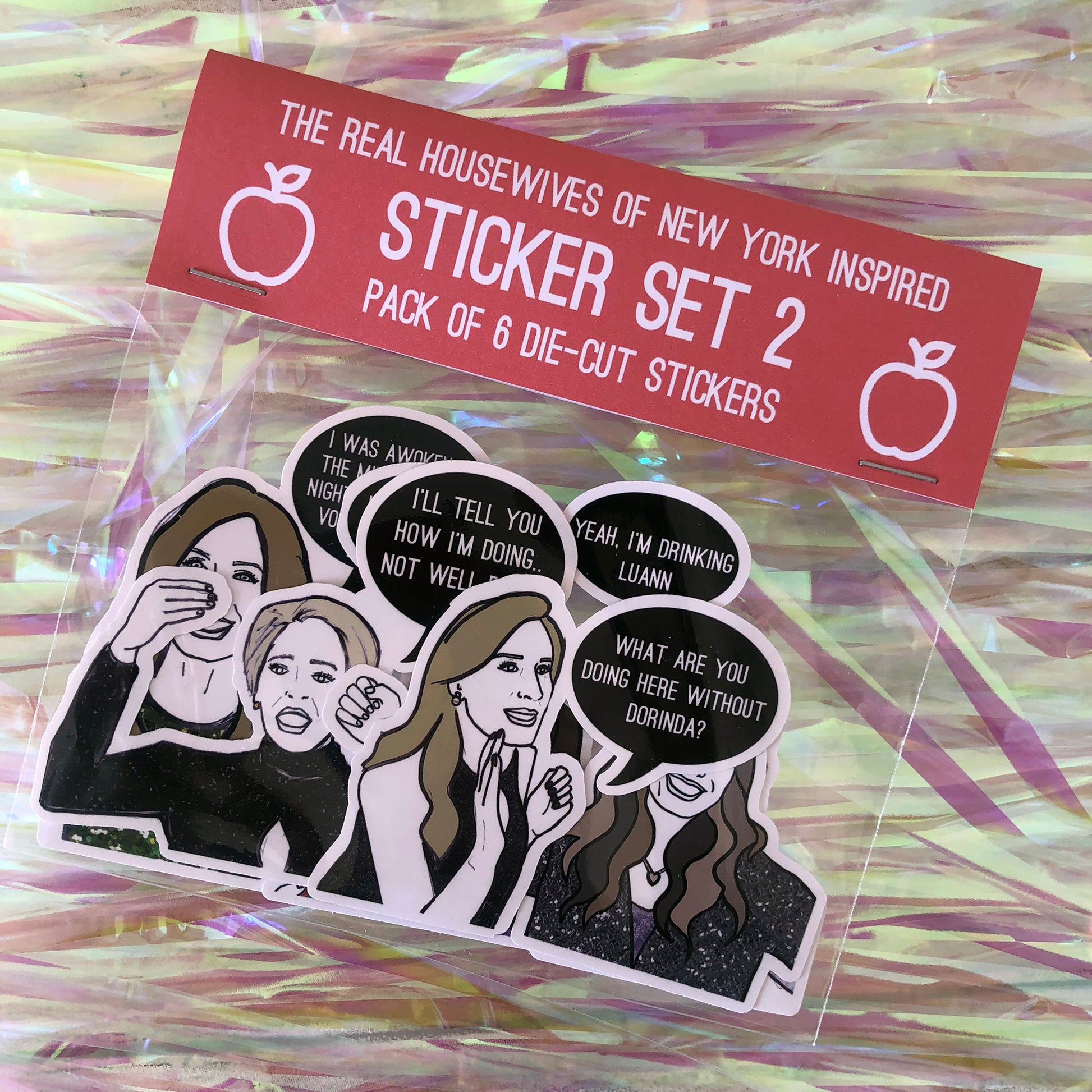 Image shows a collection of stickers inspired by former housewives from reality tv series the Real Housewives of New York