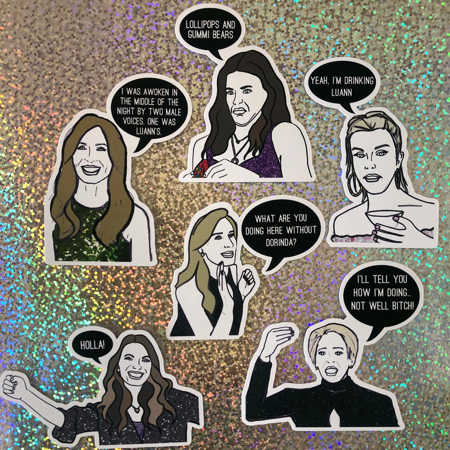 Image shows a collection of stickers inspired by former housewives from reality tv series the Real Housewives of New York