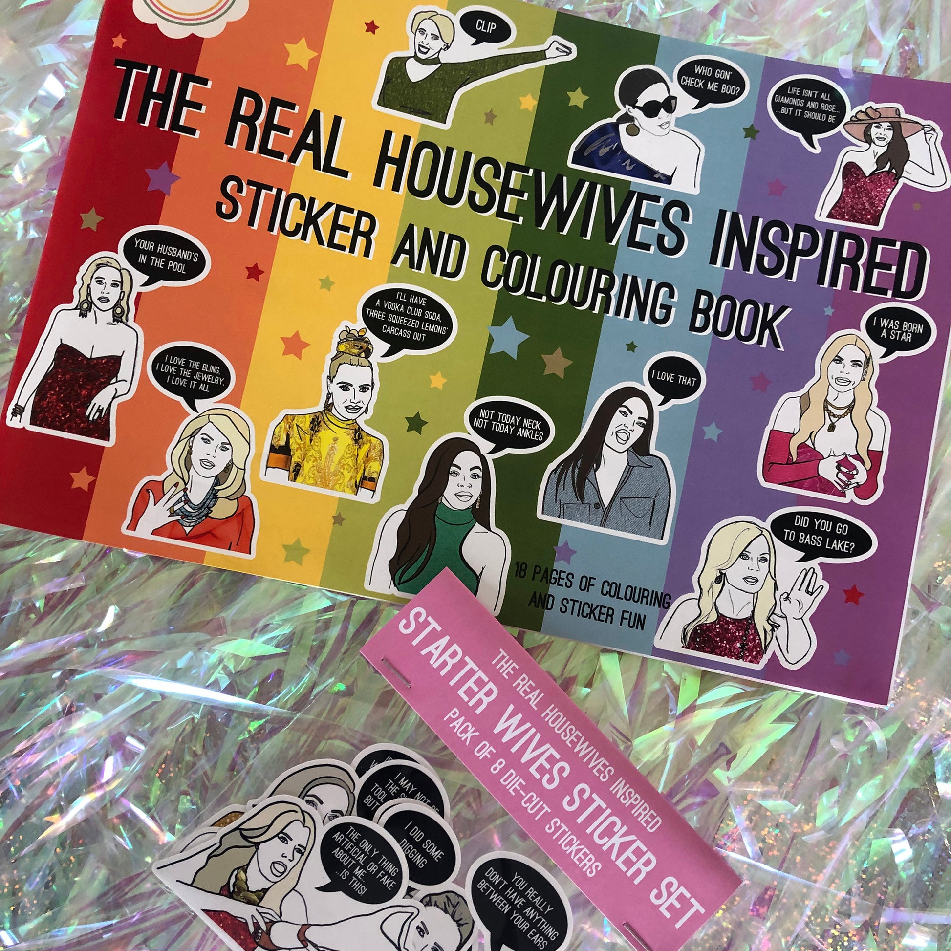 Image shows a sticker and colouring book inspired by The Real Housewives