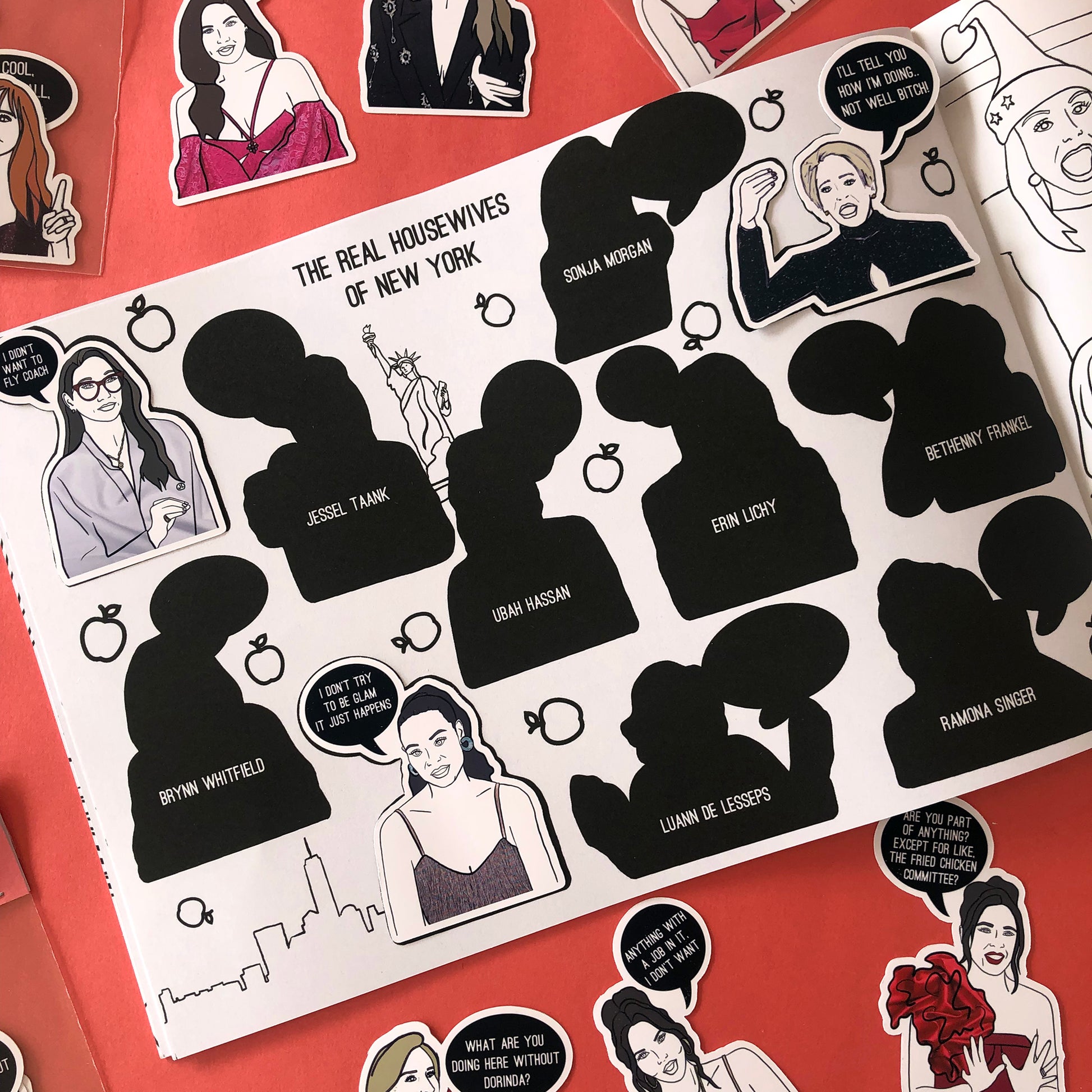 Image shows a page from a sticker and colouring book inspired by The Real Housewives of New York