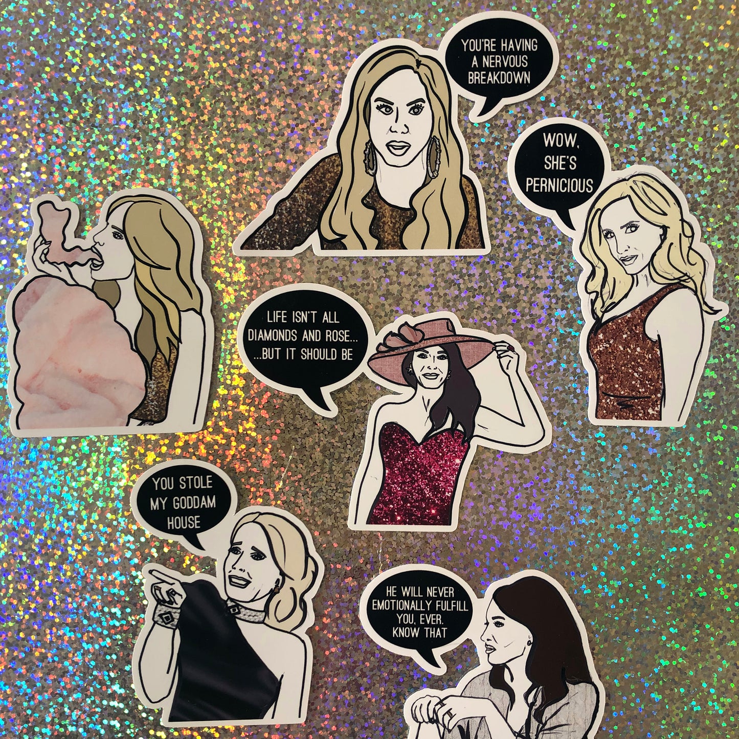 Image shows a fun set of stickers inspired by the OG real housewives of Beverly Hills and their most dramatic quotes