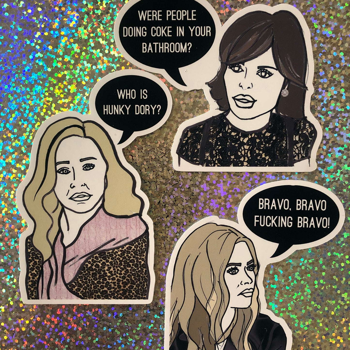 Image shows a fun set of stickers inspired by some of the former real housewives of Beverly Hills and their most dramatic quotes