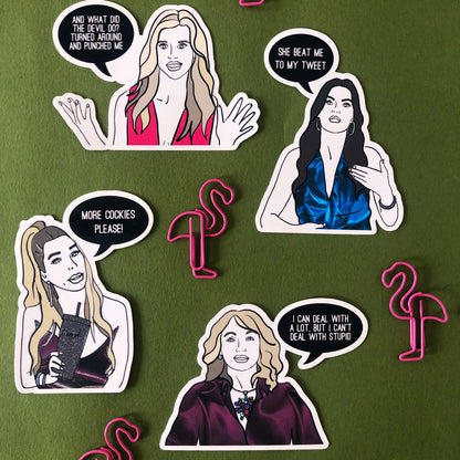 Image shows a fun set of stickers inspired by some of the previous real housewives of Miami and their most dramatic quotes