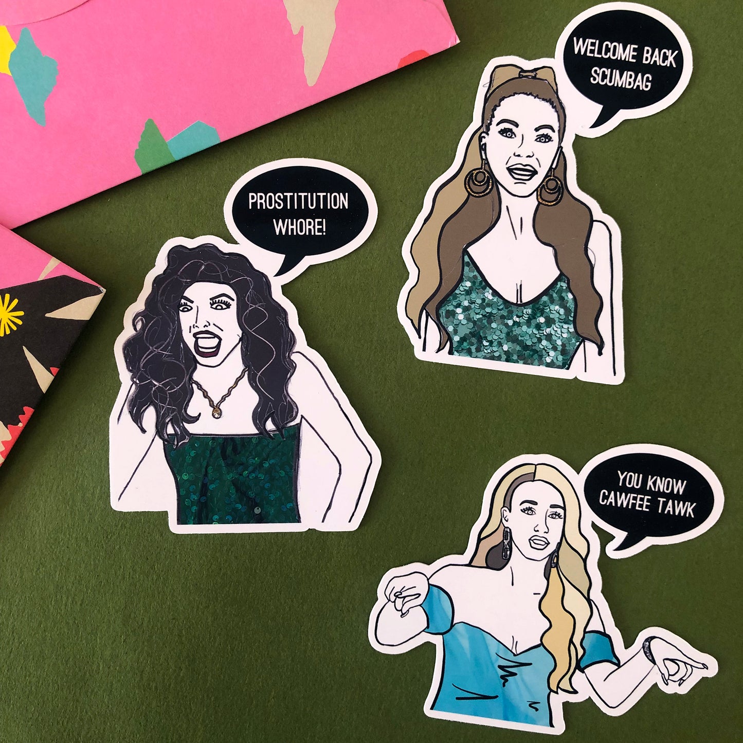 Image shows a fun set of stickers inspired by the real housewives of New Jersey and their most dramatic quotes