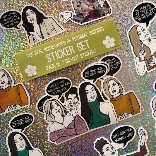 Image shows a collection of stickers inspired by the Real Housewives of Potomac