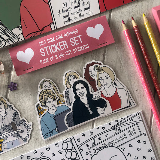 Image shows a fun set of stickers inspired by  90s rom com movies