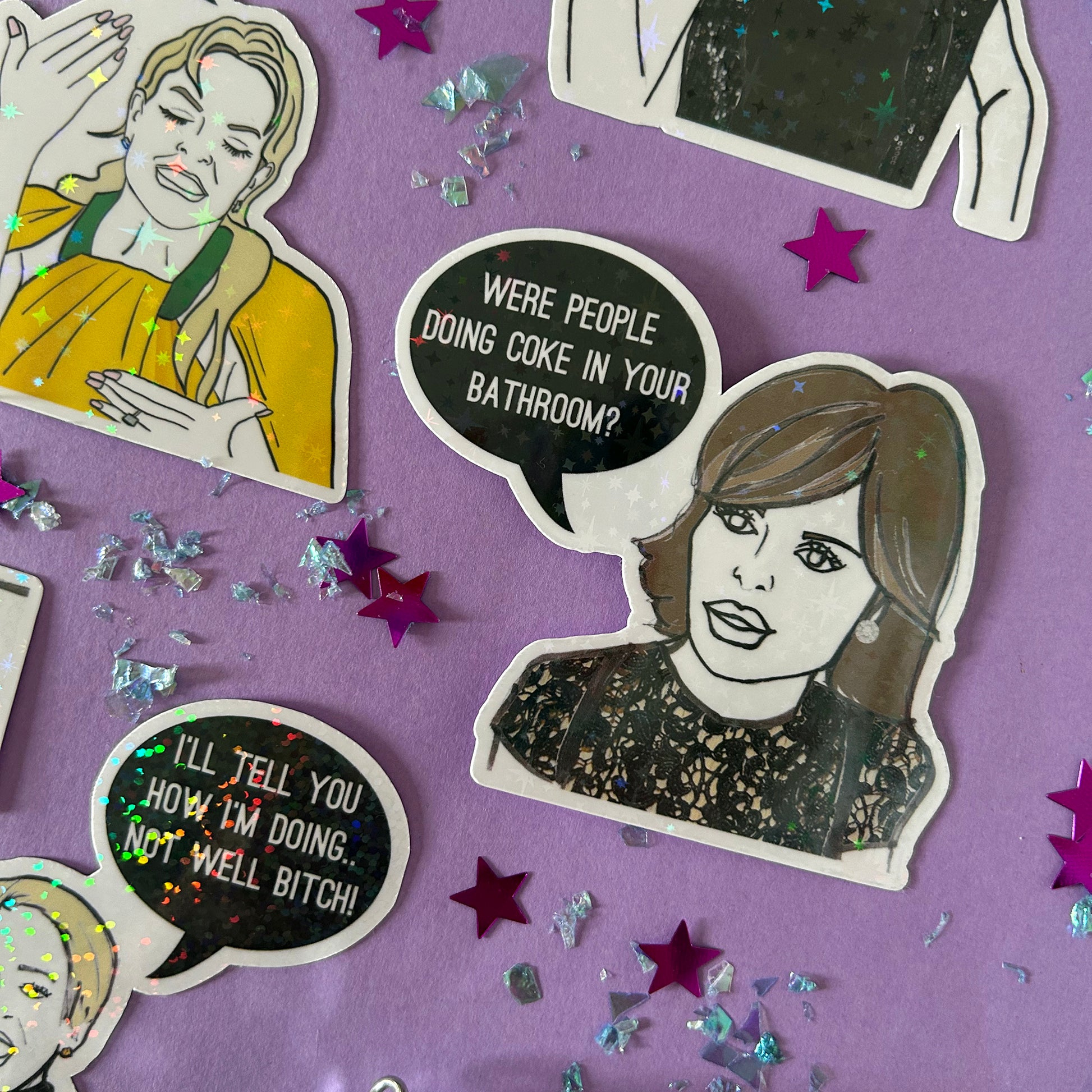 Sticker of Lisa Rinna asking 'Were people doing coke in your bathroom?'  on a purple background with star-shaped confetti.