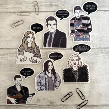 Image shows a collection of stickers inspired by tv series Schitt's Creek