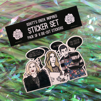 Image shows a collection of stickers inspired by tv series Schitt's Creek