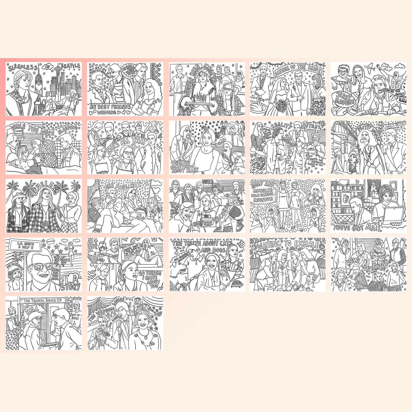 Image shows 22 colouring pages inspired by 90s rom com movies