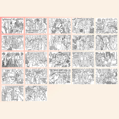 Image shows 22 colouring pages inspired by 90s rom com movies