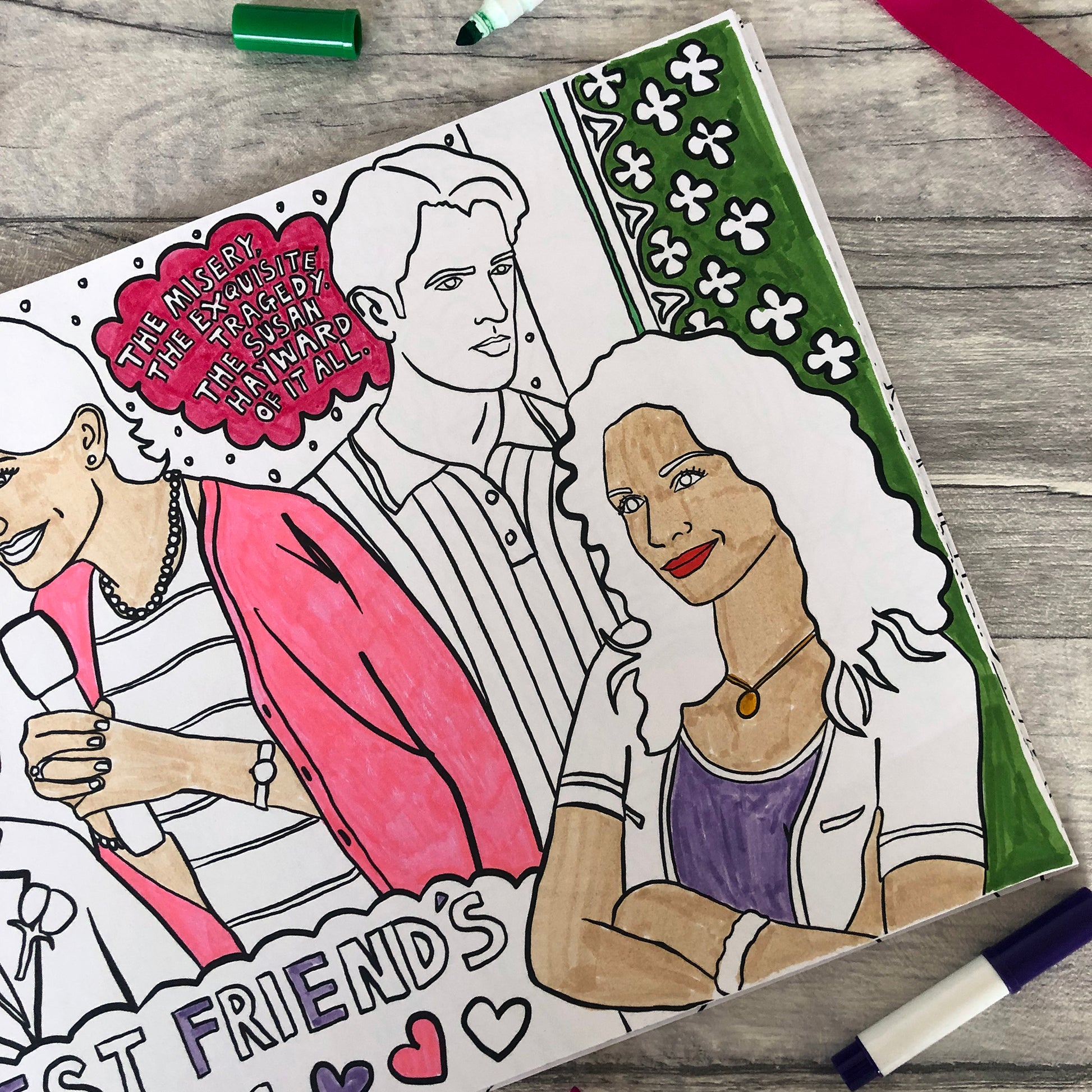 Image shows a colouring page inspired by 90s rom com movie My Bst Friend's Wedding