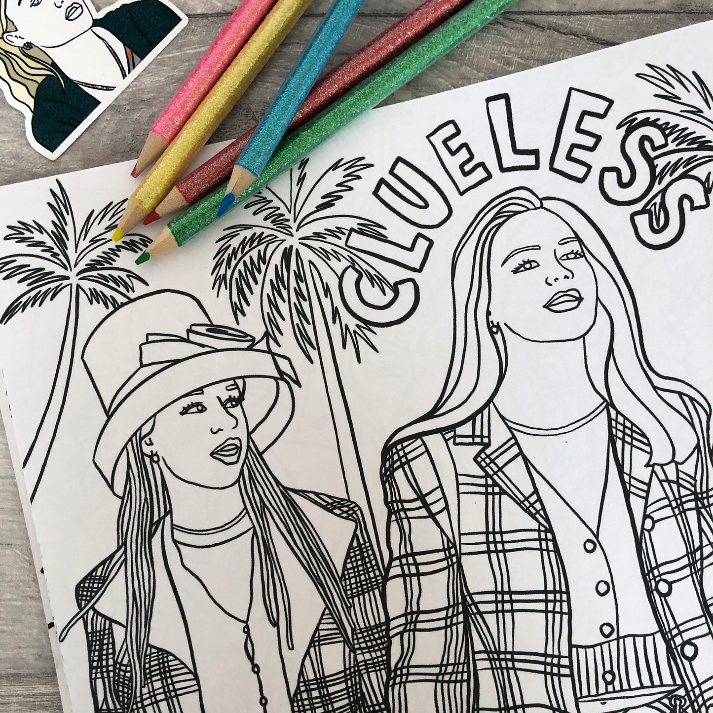 Image shows a colouring page inspired by 90s rom com movie Clueless