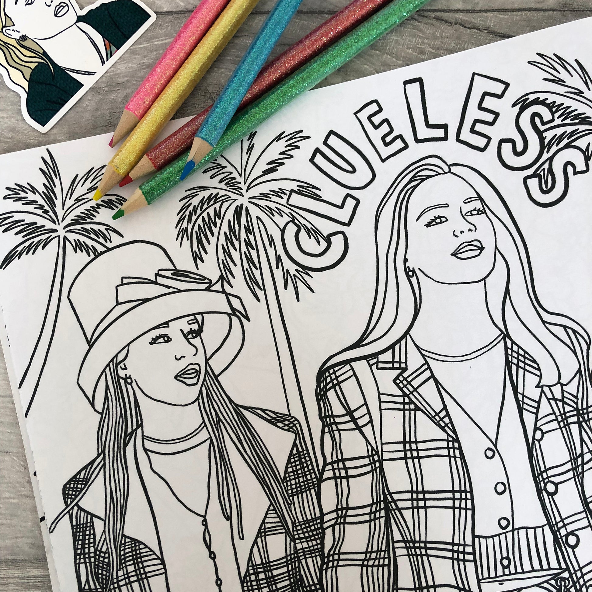 Image shows a colouring page inspired by 90s rom com movie Clueless
