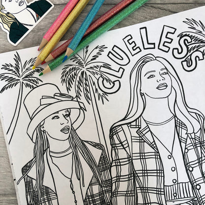 Image shows a colouring page inspired by 90s rom com movie Clueless
