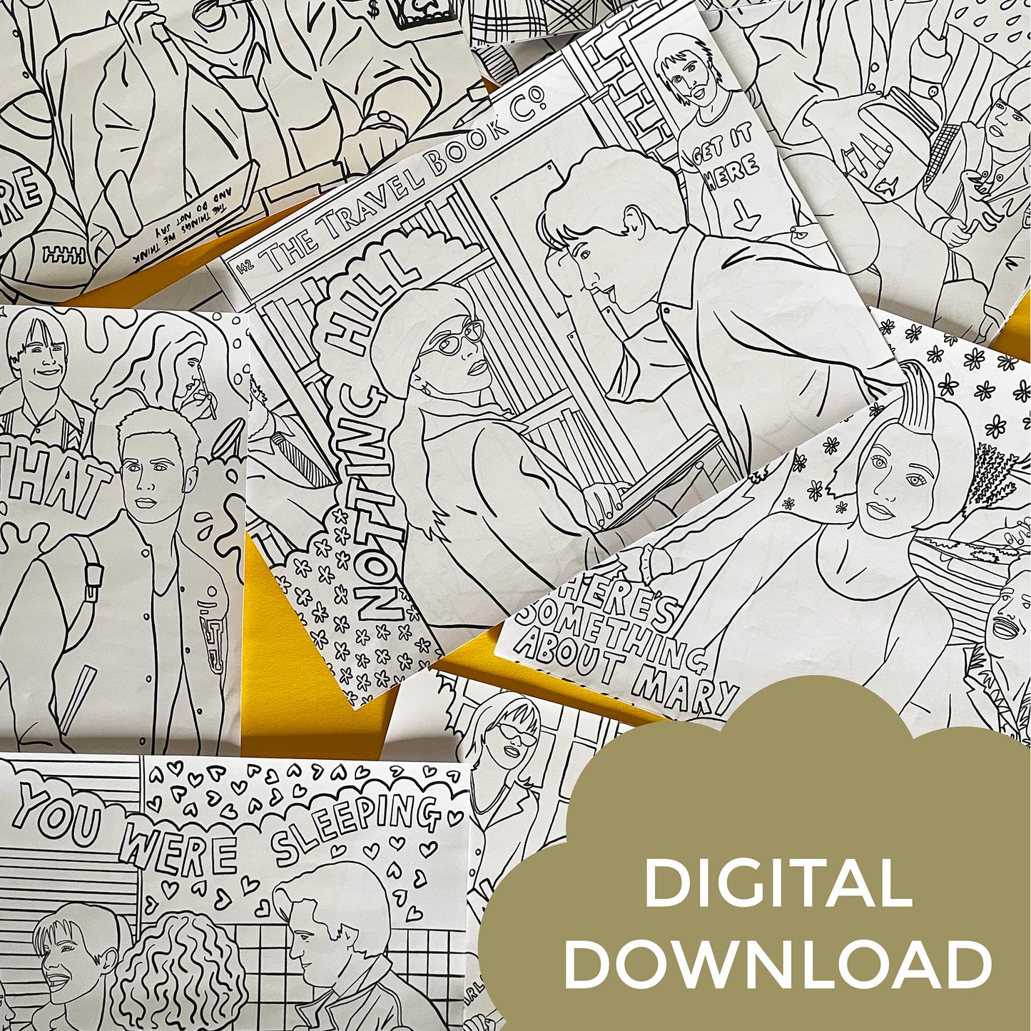 Image shows a collection of colouring pages  all based on 90s rom com movies
