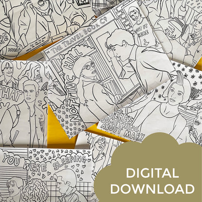 Image shows a collection of colouring pages  all based on 90s rom com movies