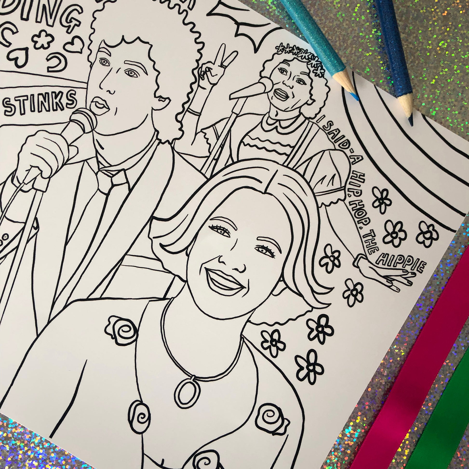 Image shows a colouring page inspired by 90s rom com movie The Wedding Singer